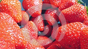 food background. extremely close up detailed bunch of strawberries on a blue background