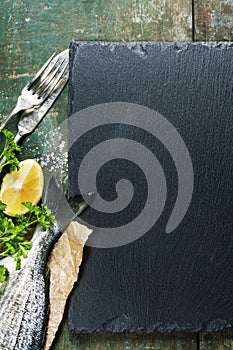 Food background with Fish and Wine