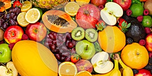 Food background fruits collection apples berries banner kiwi oranges fruit