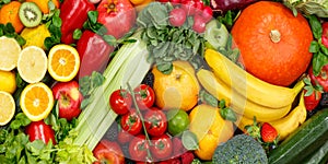 Food background fruits and vegetables collection apples oranges banner tomatoes fruit vegetable