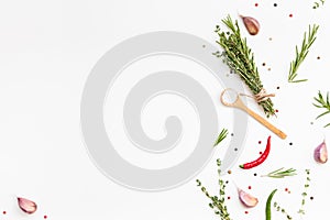 Food background with greens herbs and spices