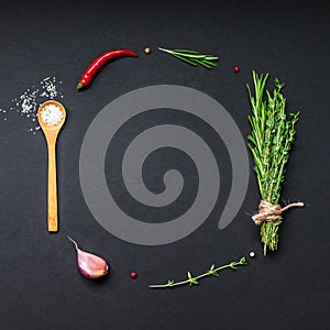 Food background with greens herbs and spices