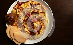 Food background of hot breakfast from top angle