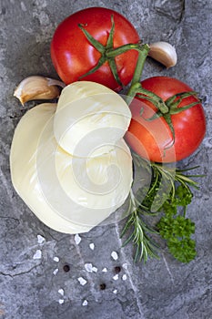 Food Background Mozzarella Tomatoes Garlic and Herbs Top View