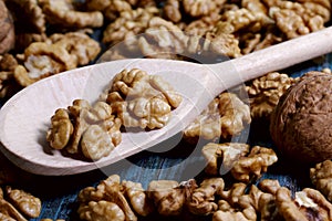 Food background. Peeled walnut close-up.