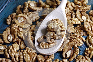 Food background. Peeled walnut close-up.