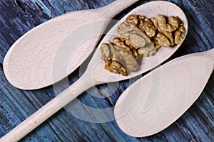 Food background. Peeled walnut close-up.