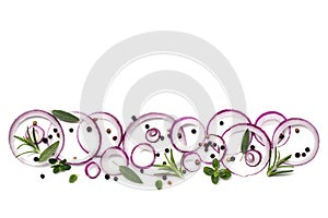 Food Background Red Onions Peppercorns and herbs over White