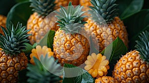 food background ripe pineapples closeup