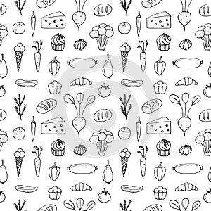 Food background seamless pattern vector illustration, hand drawing doodle