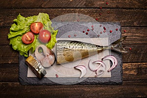 Food background. Smoked mackerel background. Smoked mackerel on