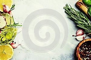 Food background, spices, herbs, olive oil and seasonings, top vi