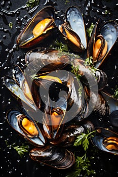 Food background with texture of cooked mussels