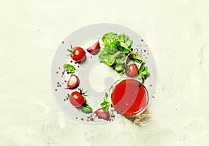 Food background, tomato juic green basil, cherry tomatoes, gar