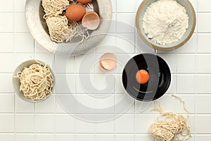 Food Background, Top View Asian Noodle Making with Ingredients