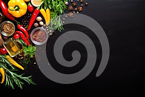 Food background. Top view of olive oil, paprika, herbs and spices on rustic black slate