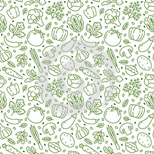 Food background, vegetables seamless pattern. Healthy eating - tomato, garlic, carrot, pepper, broccoli, cucumber line