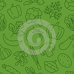 Food background, vegetables seamless pattern. Healthy eating - tomato, garlic, carrot, pepper, broccoli, cucumber line