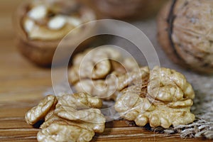 Food background. Walnut kernels close-up.