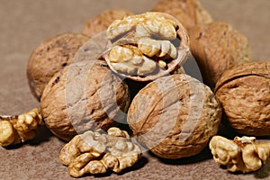 Food background. Walnut kernels close-up.