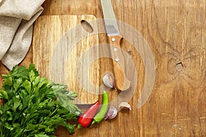 Food background, wooden cutting board