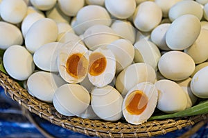 Food backgrounds. Salted duck egg. Traditional easter market cuisine and ingredients. Easter breakfast on the market