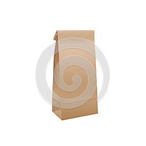 Food bag. Realistic brown paper craft package. Blank closed packet mockup for branding