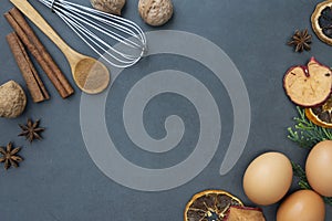 Food and baking mockup. Top view of various kitchen baking utensils. Background for recipe on dark background. Copy space