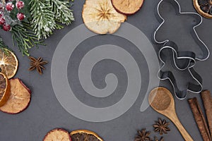 Food and baking mockup. Top view of various kitchen baking utensils. Background for recipe on dark background. Copy space