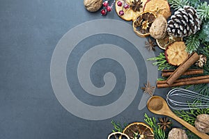 Food and baking mockup. Top view of various kitchen baking utensils. Background for recipe on dark background. Copy space