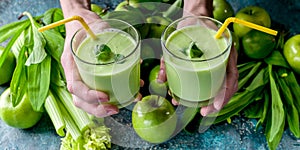 Food banner female hands hold smoothies apples and limes on a dark blue concrete background. Detox programm