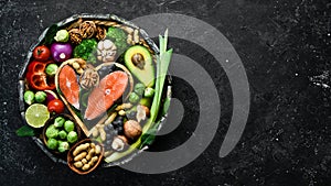 Food banner. Healthy foods low in carbohydrates. Food for heart health: salmon, avocados, blueberries, broccoli, nuts and