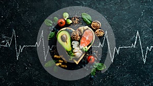 Food banner. Healthy foods low in carbohydrates. Food for heart health: salmon, avocados, blueberries, broccoli, nuts and
