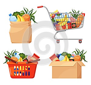 Food basket. Grocery packaging, paper bag, cardboard box, shopping cart with foodstuff set.