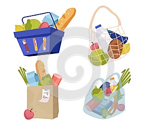 Set of various shopping bags filled with goods. Food basket, paper and plastic packages, string bag. Vector illustration
