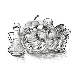 Food basket with vegetables hand drawn vector illustration.