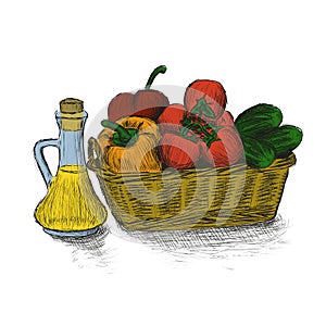 Food basket with vegetables hand drawn vector illustration.
