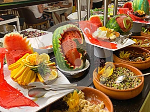 Food beautifully served in a restaurant at an all inclusive hotel in a warm tropical oriental paradise south resort