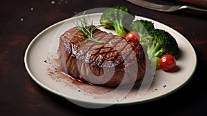 Food - Beef dinner - Delicious grilled stake and vegetables, Big steak meat dish on a main course plate