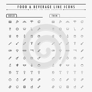 Food and beverage line icons on bold and thin line concept