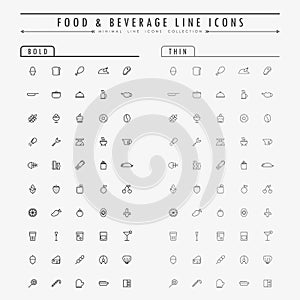 Food and beverage outline icons on bold and thin line concept