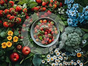 Food Beverage summer Party Meal Drink Concept, flowers, berries, vegetables and herbs