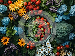 Food Beverage summer Party Meal Drink Concept, flowers, berries, vegetables and herbs