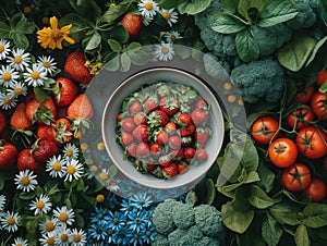 Food Beverage summer Party Meal Drink Concept, flowers, berries, vegetables and herbs