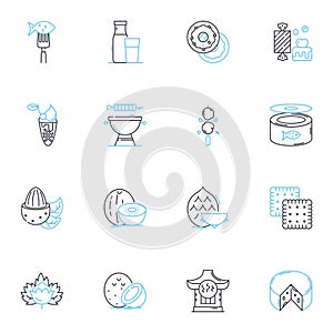 Food bistro linear icons set. Gourmet, Farm-to-table, Fusion, Artisanal, Locavore, Rustic, Seasonal line vector and