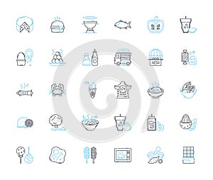 Food bistro linear icons set. Gourmet, Farm-to-table, Fusion, Artisanal, Locavore, Rustic, Seasonal line vector and