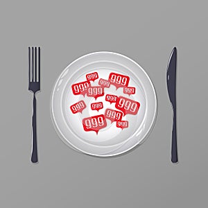 Food for blogger. Hand drawn. Top view. Flat vector illustration. Criterion of popularity in social networks