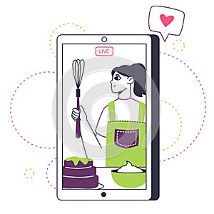 Food blogger. Vlogger cooking online, cooking class live streaming, internet content, photo and video creator flat vector