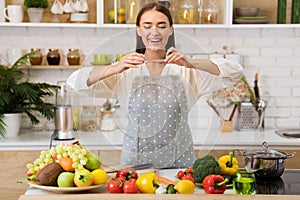 Food blogger. Woman making photo of vegetables and fruits