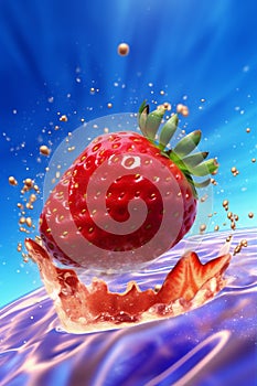 food blue water strawberry background red fresh freshness splash fruit healthy. Generative AI.